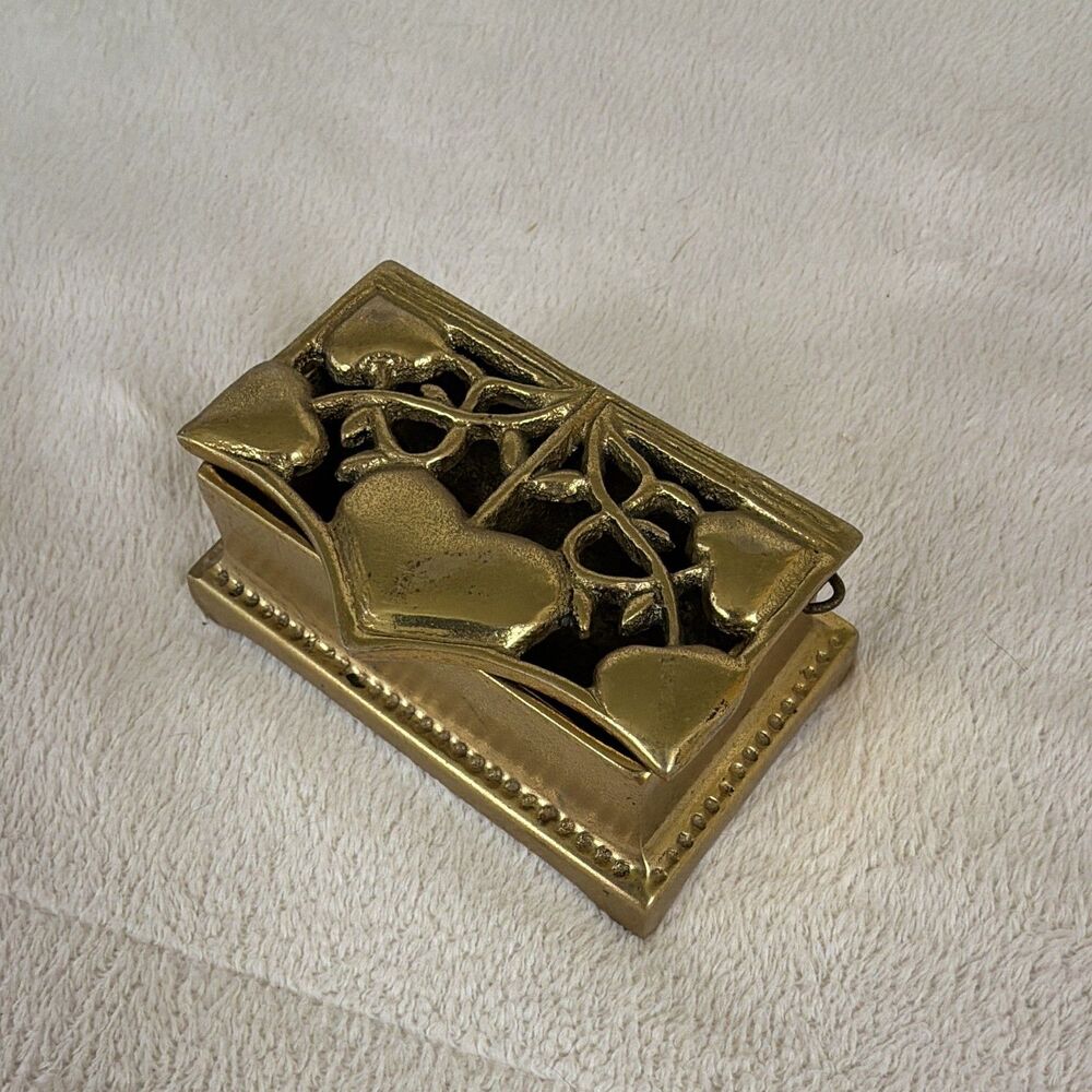 Small Gold Metallic Metal Heart Stamp Box Trinket Box, Hinged Lidded Rectangle